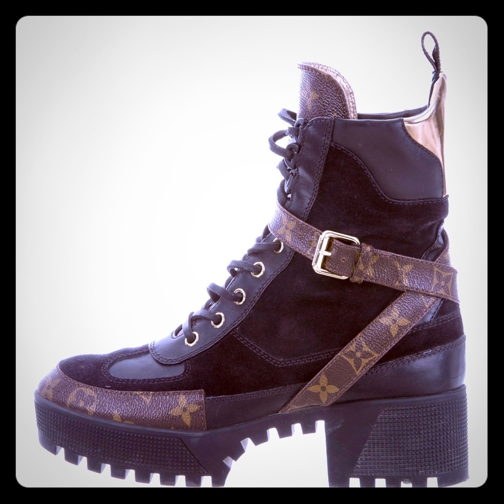 Louis Vuitton MONOGRAM-TRIMMED COMBAT ANKLE BOOTS